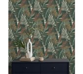 Papel pintado de hojas tropicales de colores metalizados y fondo verde oscuro - Jungle Jacquard 682821 de GAULAN - Rollo de 10 m x 0,53 m