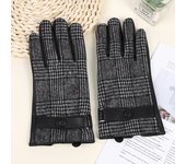 Plaid fabric on the back of the hand and PU on the palm, men's five-finger touch screen gloves with lining