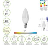 SANCO STORE - MAURER Bombilla Led Vela E14. 2,5 Watt. Equivale A 20 Watt. 250 Lumenes. Luz Neutra 4.000º K.