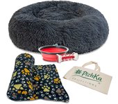 Pizhka - Set Cama Donut para Perros + Manta para Perros Coche/ Sofá + Comedero Viaje Plegable para Perros + Juguete Limpia Dientes para Perros - Kit Bienvenida Perros Medianos (modelo Alcoy)