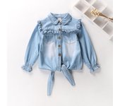 Girls Autumn Denim Shirts Casual Ruffles Blouses Kids Tie Knot Shirt Toddler Baby Girls Long Sleeve Tops Children Outwear Spring