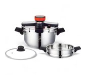 Olla a Presión Royal Swiss  automática de Acero Inoxidable para Inducción y Gas Incluye Cesta Vaporera y Tapa de Cristal  Segura y de Bajo Consumo