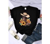 Cartoons Women T-Shirts Cowboy Riding Boots & Sunflowers Printed Tees O-Neck Comfortable Soft Short Sleeve Summer Female Clothes