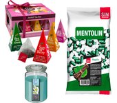 Pack surtido: MENTOLIN REGALIZ S/A BOLSA 1KG + WELL HOME - Vela perfumada con flor tiare + WELL HOME - Caja de Té Joyfull con variedad de sabores