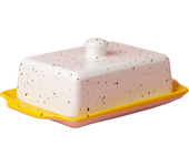 Mantequillera de Cerámica Grande Artesanal - Plato para Mantequilla - Diseño Rústico Hecho a Mano - Cerámica Española - Plato Decoración de Cocina - Blanco con motas Amarillas Diseño Vintage - Alfar Tierra Cocida