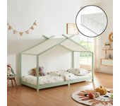 Cama para niños Brome Forma casita con colchón y techo pino 90x200cm - Verde y Blanco [en.casa]