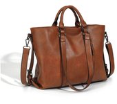 Retro Soft Leather Tote Handbag for Women, One Shoulder, Crossbody, Multi Pocket Divider, Briefcase, Adjustable Shoulder Straps