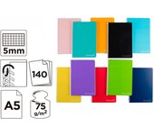 Cuaderno Espiral A5 Liderpapel, 140 Hojas, 75 Gramos, Microperforadas, 6 Taladros, Cuadrícula 5mm, Cubiertas Cartón Forrado Duro - Color Surtido
