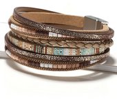 Pulseras envolventes de cuero para mujer, brazalete bohemio con cuentas de cristal multicapa y diseño de leopardo