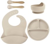 Vajilla de Bebé Silicona, 10 piezas Juegos de vajilla infantil, Cubiertos con plato ventosa, Plato Bebe Ventosa,Tenedor con mango de madera, bebe de silicona, Babero Set vajilla silicona bebe