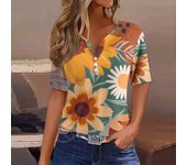 Fashion Women's Summer T-Shirts Sunflower Printed Loose Casual Short Sleeve TShirts Button V-Neck Basic Tops Ropa Para Mujer