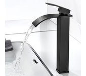 Grifo Lavabo Cascada Negro Alto, Grifos Lavabos Monomando para Cuadrado Fregadero con Altura de Salida de Agua 185 mm, Moderno Grifos Cascada de Baño Agua Fria y Caliente Disponible, G3/8