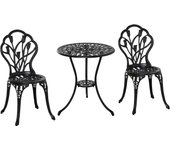 Outsunny Conjunto de Mesa y Sillas de Terraza Exterior de 3 Piezas Muebles de Jardín de Aluminio con Respaldo con Patrón de Tulipán y Mesa con Orificio para Sombrilla Negro