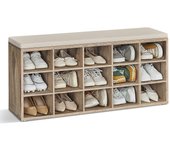 Banco Zapatero con Asiento Acolchado y 15 Compartimentos, Mueble Recibidor 30x105x48 cm, Ideal para Entrada, Dormitorio y Sala de Estar