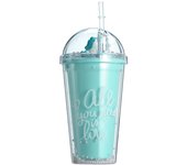 Vaso Doble Capa con Tapa Enroscable y Pajita plasticas reutilizable libre para bebidas Batidos de plástico, Bebidas heladas y frías, vaso decorado, vaso con pajita,