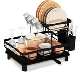 JUPPLIES Escurreplatos de 2 Niveles con Soporte para Utensilios Extraíble, Portavasos y Estante de Gran Capacidad - Escurridor de Platos con Boquilla de Drenaje Automático - 33x43x33cm