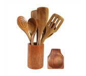 ER Juego de utensilios de cocina de Madera de Teca para Cocina, Hojas de 9 piezas para cocina con soporte