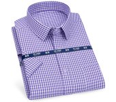 Mens Short Sleeve Shirt Business Casual Classic Plaid Striped Checked Male Social Dress Shirts Purple Blue 5XL Plus Large Size