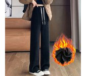 2024 Autumn Winter Women Vintage Concise Sweatpants Lady Casual Designer Elastic Wide Leg Straight Leg Plush Thermal Trousers