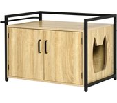 PawHut Casa para Gatos de Madera Mueble Arenero para Gatos 2 en 1 con Armario de Almacenaje Encimera Amplio 2 Puertas Orificio de Entrada Lateral y Barra de Colgar 82,3x51x54 cm Natural