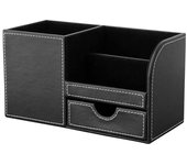 Organizador de escritorio multifunción de piel con estructura de madera, para guardar bolígrafos, lápices, teléfonos celulares, tarjetas de presentación, control remoto, colores