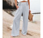 Summer Cotton Linen Wide Leg Pants Women Loose Palazzo Pant Pocket Elastic Waist Button Casual Pant Pants for Women Women’s Pant