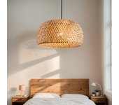 Boho Chic Handwoven Rattan Ceiling Light with Fabric Drum Shade - Farmhouse Style Flush Mount Pendant Light -Source Not Included