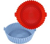 2 Piezas Ollas de Silicona para Freidora de Aire, 14,5 cm Diámetro Redonda Revisión de Silicona 2 Colores(Rojo,Azul)
