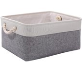 Caja de almacenamiento pequeña con asas, cestas de almacenamiento de lino de lona plegables para ropa, juguetes, toallas, productos de oficina (gris y blanco)