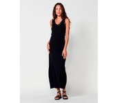 Koroshi Vestido Maxi de Punto Canalé con Escote en Pico, Tirantes Anchos y Aberturas Laterales. Detalle de Abalorios en Escote y Sisas en Negro