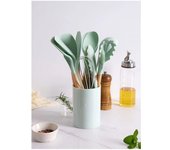 SOMY Sirocco 12ST Utensilios de cocina de silicona resistente y antiadherentejuego completo de accesorios de cocina en acero inoxidable con soporte para espátula y cubo de almacenamiento de cuchara