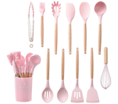 12Pcs Silicone Non-Stick Kitchen Utensils Set Cookware for Kitchen Wooden Handle Spatula Egg Beaters Kitchenware Accessories