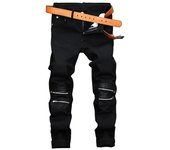 New Men's Leather Zippered Knee-Length Decorated Jeans Black Stretch Straight Slim Fit Casual Trendy Denim Trousers Male