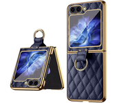 Luxury Rhombus Leather Ring Holder Cases for Samsung Galaxy Z Flip 5 4 3 ZFlip5 Tempered Glass Folding Shockproof Hard Cover