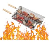 Juego de Cestas para Parrilla Anidadas, Mango de Madera Extraíble, Acero Inoxidable 304, Accesorios Barbacoa para Verduras y Camarones, Parrilla Barbacoa para Camping, Regalo Hombre Padre（45.5×10＋42.5×9cm）