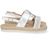 Davinia Shoes Sandalia Plana para Mujer, Comoda, Forrada de Yute, Doble Pala, Talon Abierto, y Cierre de Hebilla, Primavera Verano 2023 Shoes&Blues.es 2FB-2182-Plata
