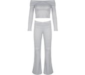 Women Solid Skinny Ruched Off Shoulder Long Sleeve Tee Shirt And Flared Pants 2 Pieces Sets