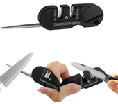 CABLEPELADO Afilador de cuchillo portátil, Afilador compacto de cuchillos, Afilador de cuchillos multiusos, ABS + hoja de acero de tungsteno + varilla de galvanoplastia + diamante, 4 en 1, Negro