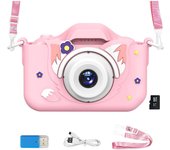 SOMY Cámara para niños, cámaras digitales como regalo para niñas de 6 años en adelante, cámaras de vídeo digitales con funda de silicona suave de dibujos animados, tarjeta SD de 32 GB (rosa) Cámara de vigilancia para interiores y exteriores