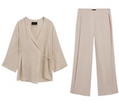 Women's Linen Flowing Crossover Kimono Shirt Trousers Set V-neck Long Sleeve Wrap Lace-up Vent Top Drawstring Wide Leg Pants Set