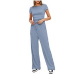 Spring/summer solid color casual suit with pleats, short sleeved top, high waisted wide leg pants, sportswear