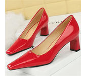 Women 6cm High Heels Pumps Lady Square Toe Glossy Patent Leather Block Low Heels Girl Green Blue Nude Wine Red Quality Shoes