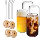 Lote de 4 Envases de vidrio con tapas de bambú y pajita, vasos de vidrio tipo Bubble Tea con tapa y pajita, taza Bubble Tea, tarro Mason para batidos, cerveza, cócteles, café o refrescos.