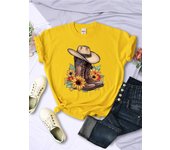 Cartoons Women T-Shirts Cowboy Riding Boots & Sunflowers Printed Tees O-Neck Comfortable Soft Short Sleeve Summer Female Clothes