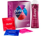 Durex - Surprise Mix 40 Condones Surtidos + Lubricante Cherry 50ml, Dame Placer, Sensitivo Suave, Extra Seguro y Estimulante Suave