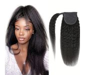 Kinky Straight Ponytail Human Hair Yaki Straight Ponytail Extension For Women 10-30In Magic Paste Wrap Around Ponytail Hair