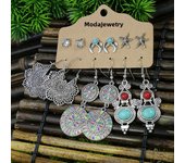 Ancient Silver Color Earrings Turquoise Inlaid Ethnic Style Geometric Circular Bows Sunflowers Starfish Gifts Party