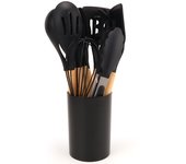 12Pcs Utensilios De Cocina De Silicona Con Cuchara Y Pala De Sopa Herramientas De Cocina Ecológicas Con Cesta De Almacenamiento Mano De Madera Antideslizante