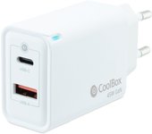CoolBox Cargador GaN de 45W con 1 x USB-C + 1 x USB-A para Smartphones, Tablets. Con Carga Rápida QuickCharge 3.0 + PowerDelivery