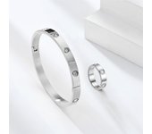 2Pcs Beautiful Lovers Bracelets Woman Bracelets Stainless Steel Bangles and Rings Cubic Zirconia Golden Women Jewelry Set
